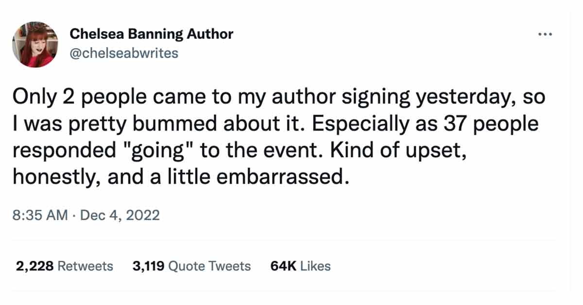 Chelsea Banning tweet about nobody coming to her book signing