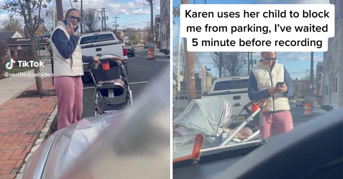 karen blocks an open parking space with her child's stroller