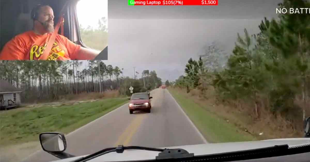 big rig twitch streamer drives off road to avoid head on collision