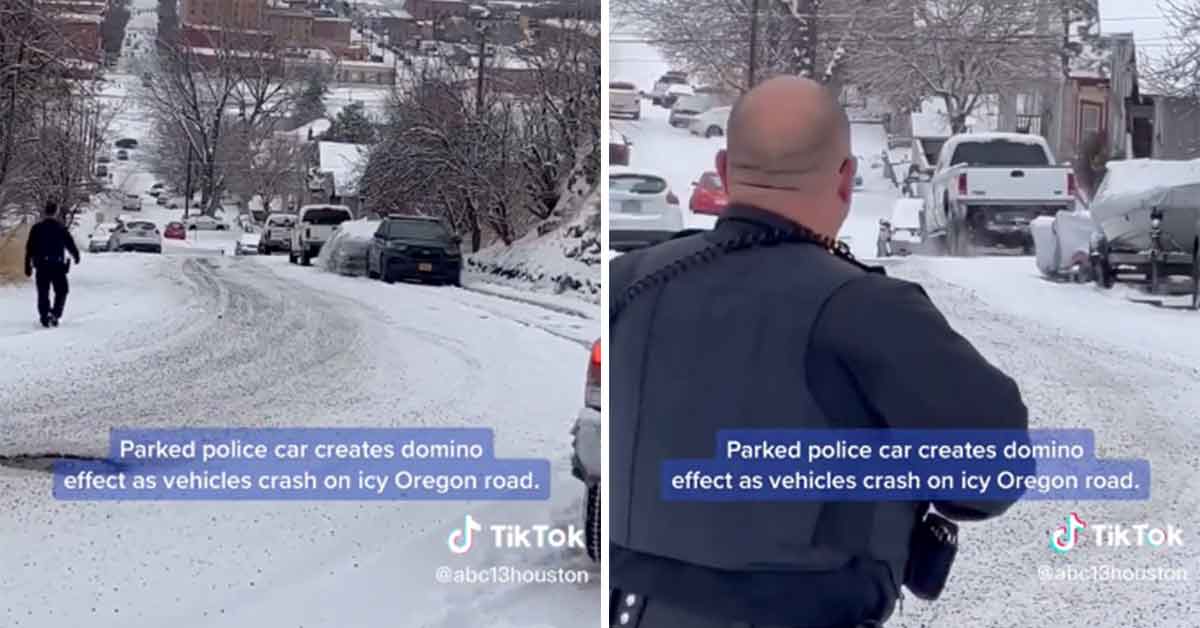 cop car slides down icy road after cop forgets to turn his tires