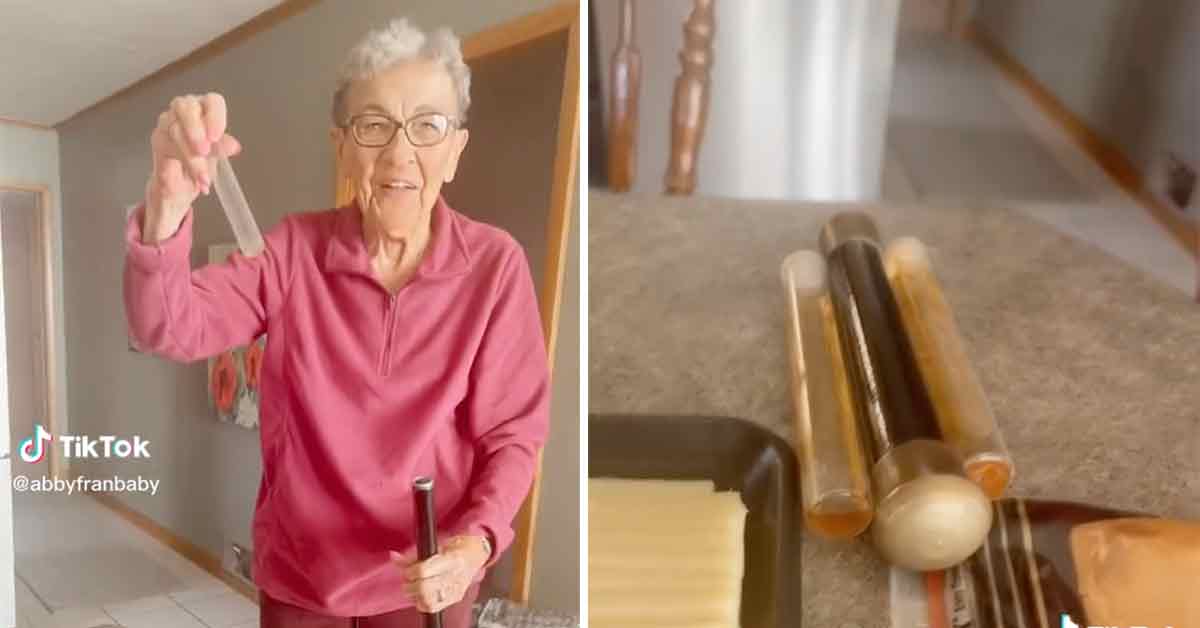 Granny shows off how many whiskey vial she keeps in her cane