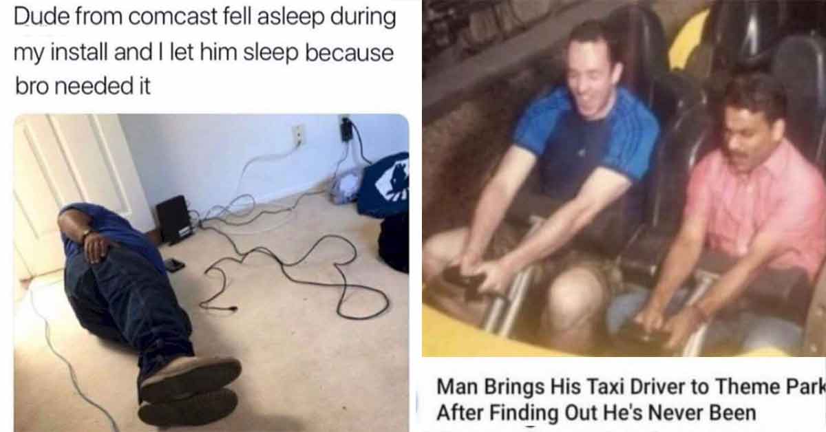 man takes his taxi driver to theme park with him - comcast guy asleep during install