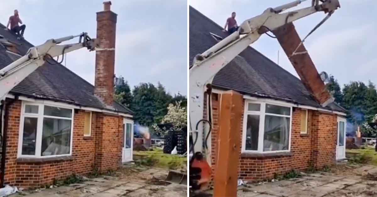 idiots at work -  destroy house taking down a chimney