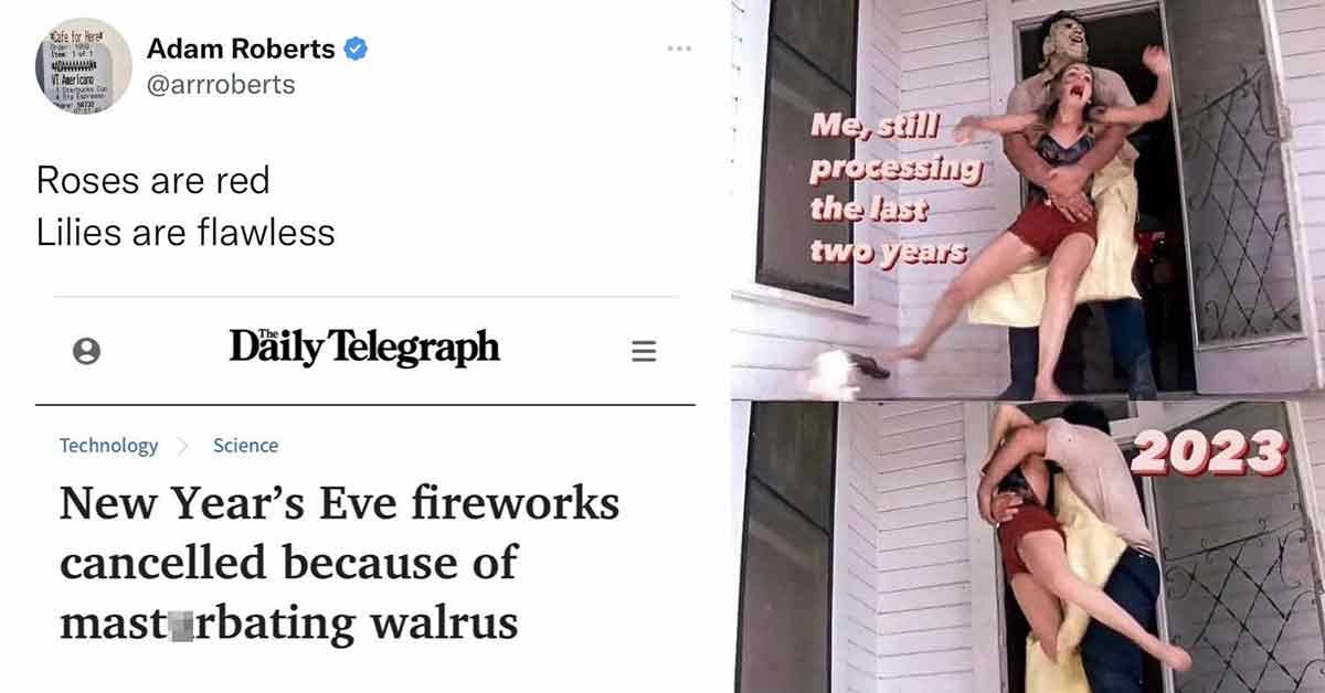 roses are red lilies are flawless, new years eve celebration cancelled because of masturbating walrus  - 2023 meme