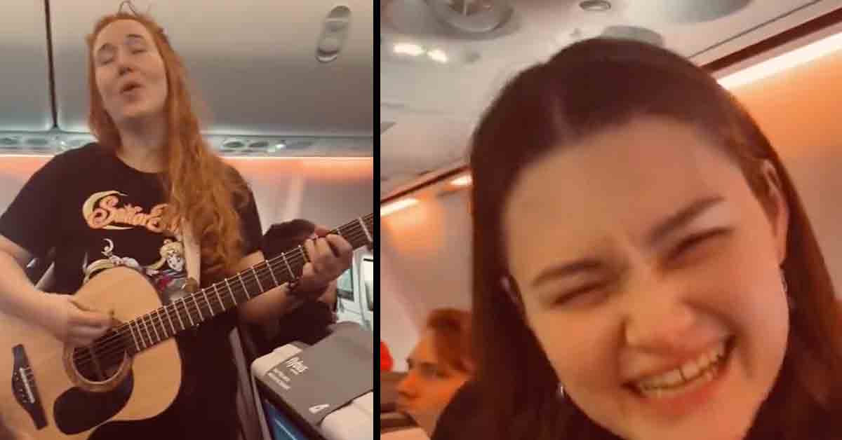 girls singing on plane