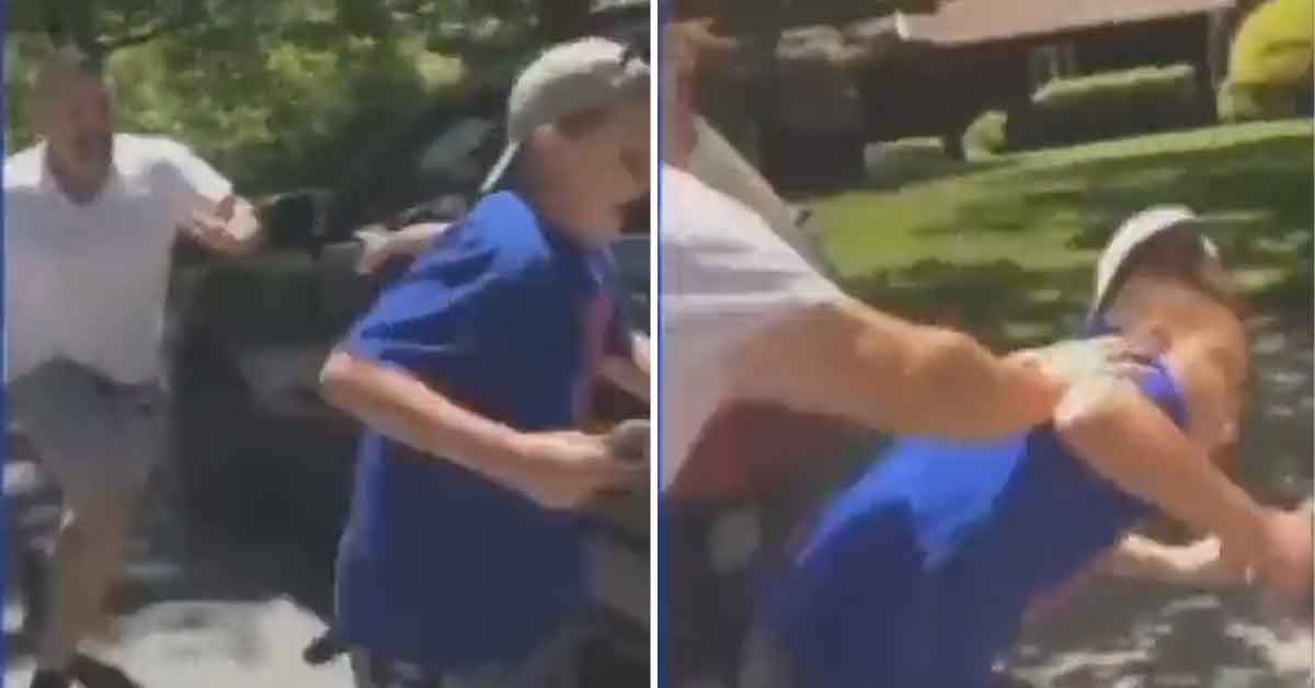 12 year old kid gets slammed to the ground for throwing dead snake on someones car