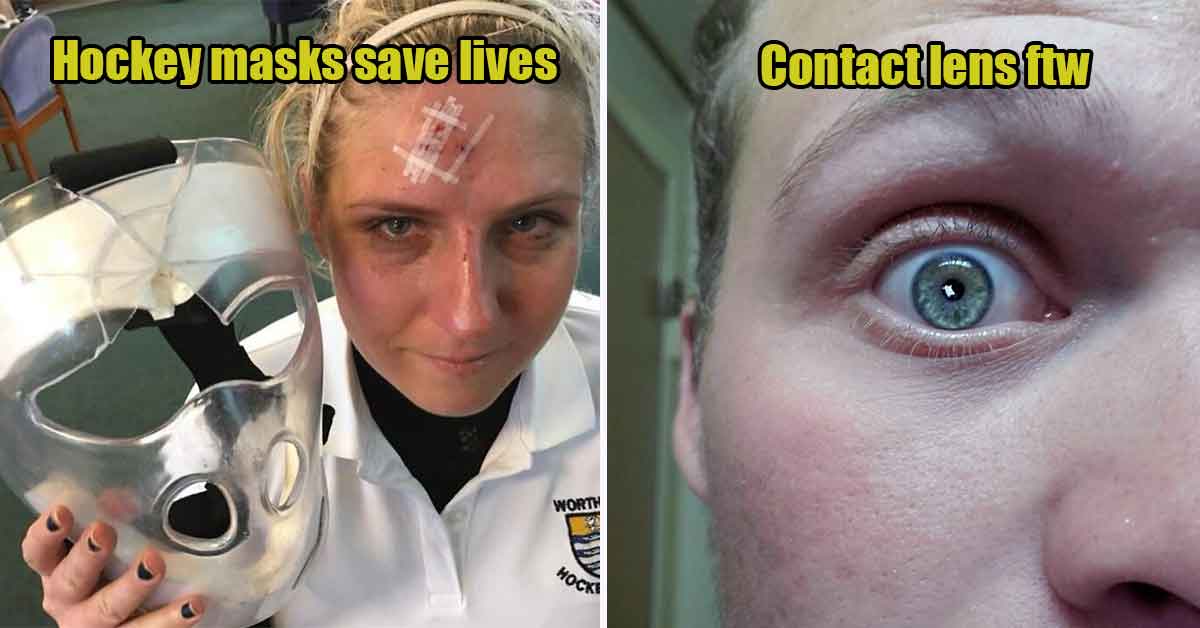Narrowly Avoided Disaster - hockey mask, contact lens