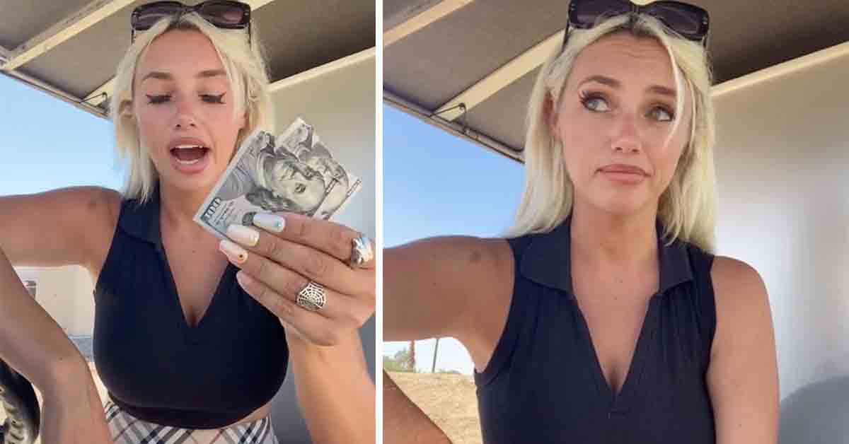 cart girl holding ripped 300 dollar tip