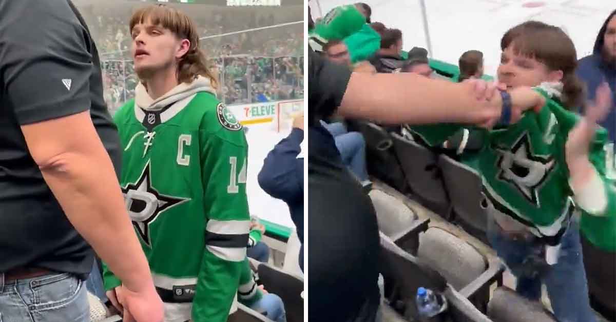 joe dirt lookalike gets into a fight at a Dallas Stars game