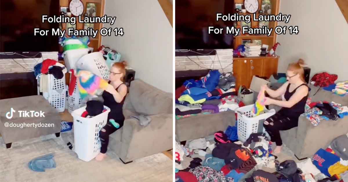 a mother of 12 films herself folding her families laundry