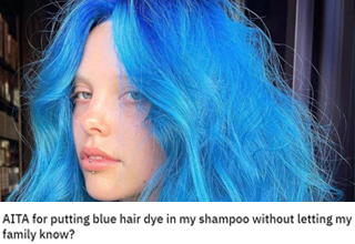 This young lady has blue hair, and had mixed some with her shampoo to help keep her hair's color.  Her sister unknowingly used some of the shampoo with the dye in it and now she's wondering if she is at fault.