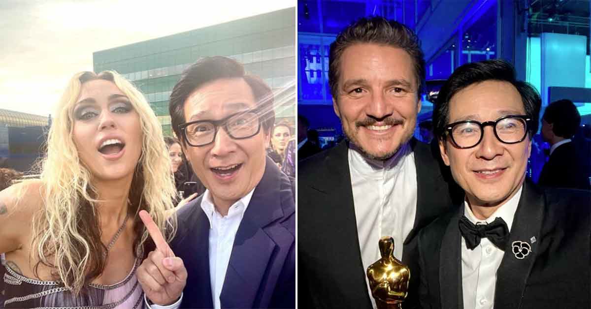 Ke Huy Quan taking a selfie with Miley Cyrus and Pedro Pascal