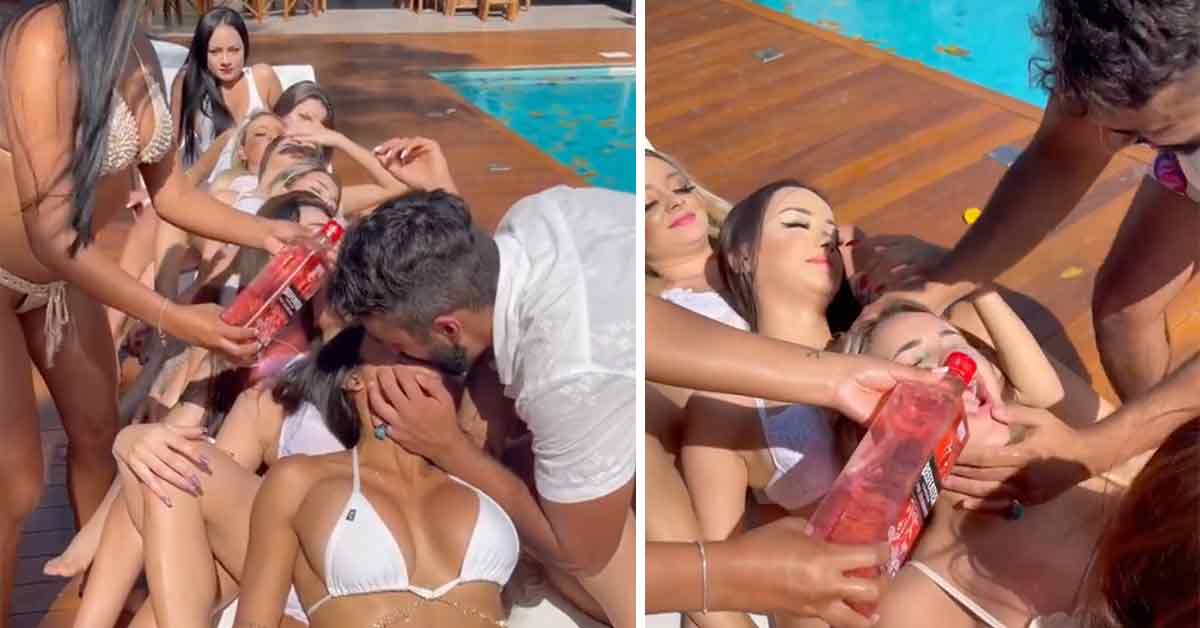 man takes shots out of the mouths of 15 women in a row