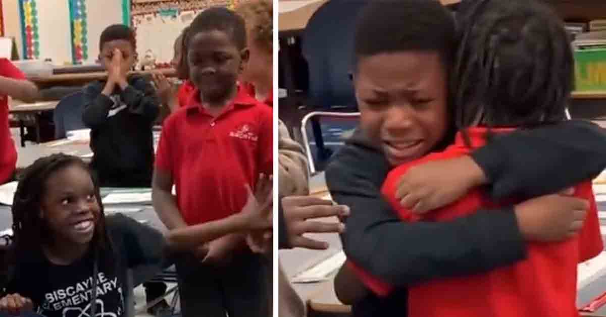 kids hug after their teacher gives them free time