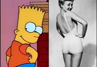 bart simpson recreating a photo of a woman in a bathing suit