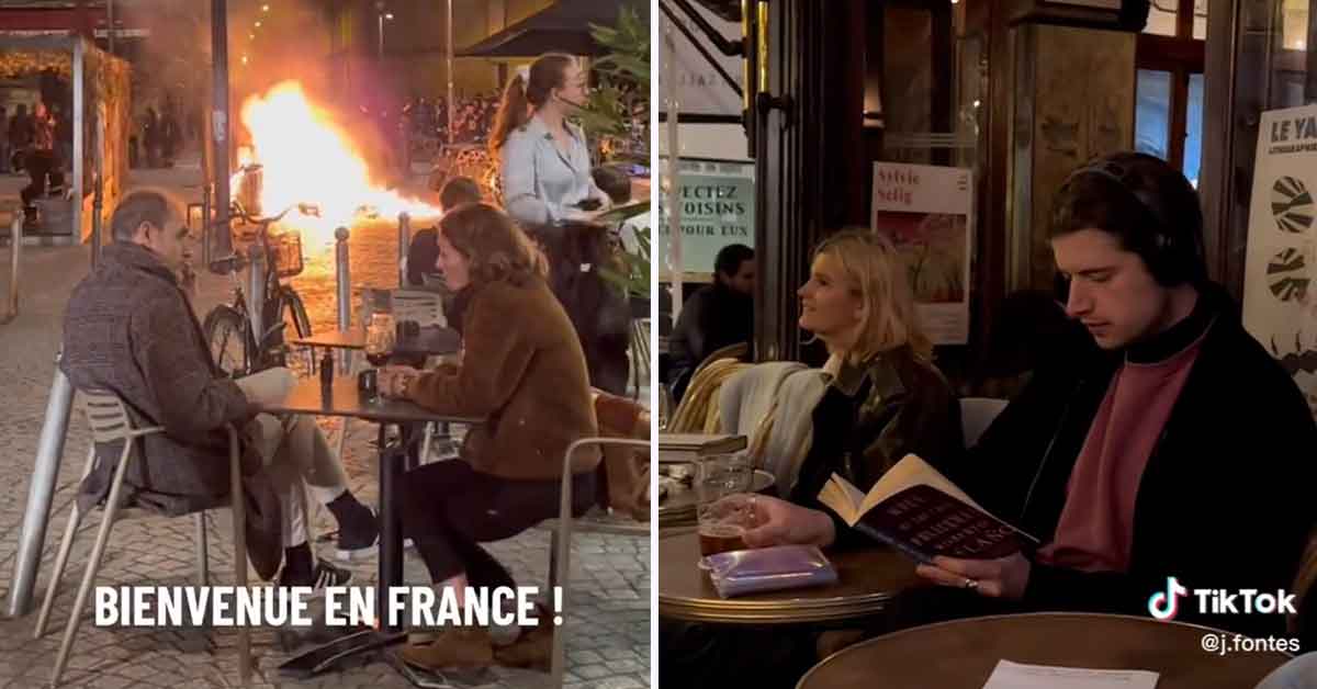french people sit and drink wine while fires burn around them