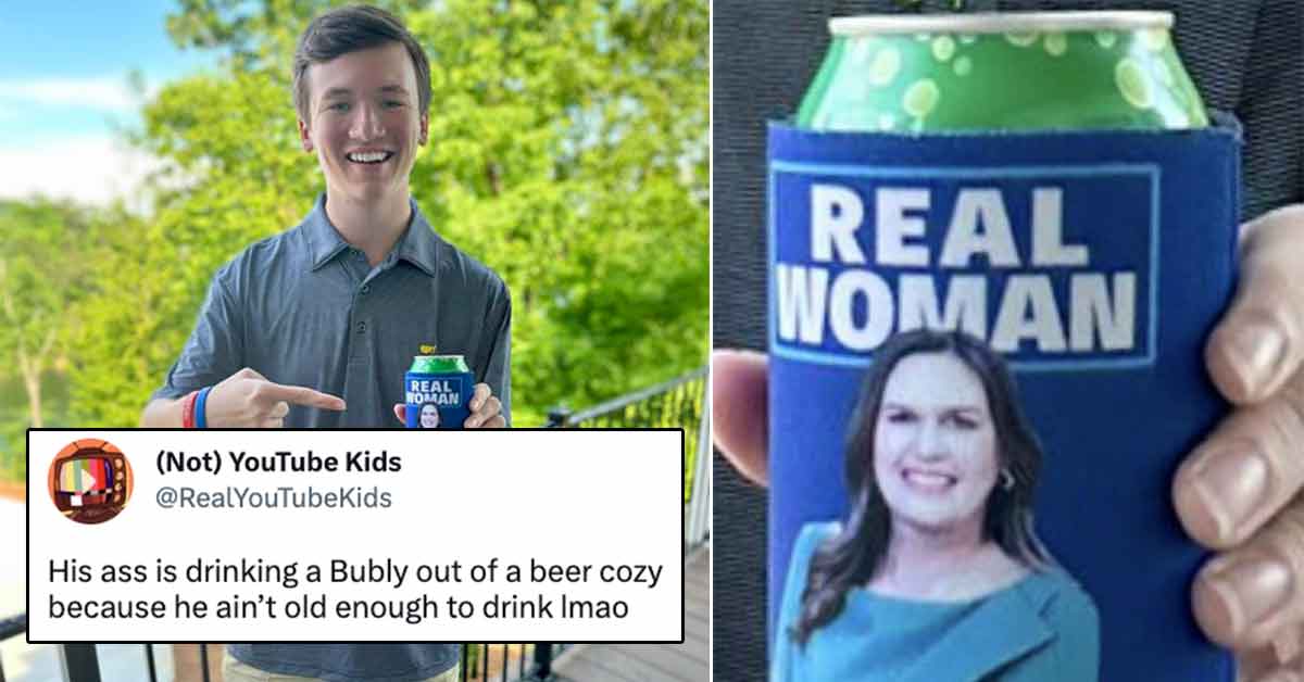 16-year-old kid pretending to drink a beer using a real woman coozie