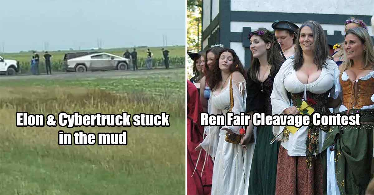 ren fair cleavage contest  -  elon and cybertruck stuck in the mud