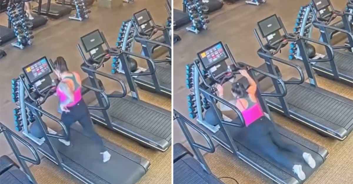 woman on treadmill falls and loses her pants