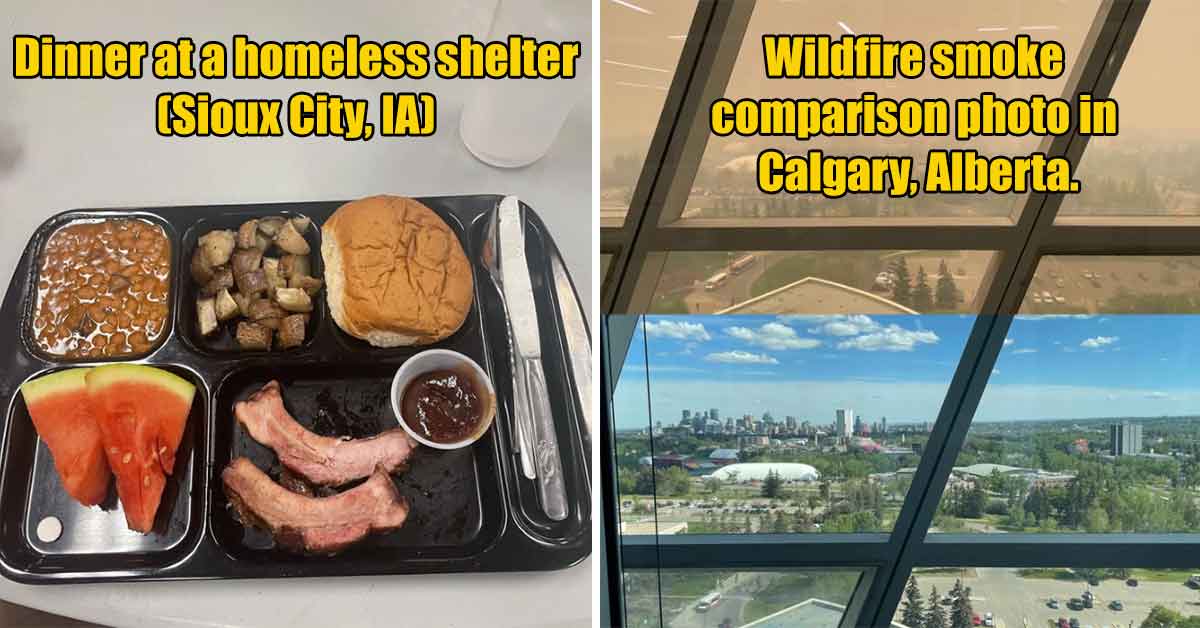 homeless shelter food and before and after wildfire photos