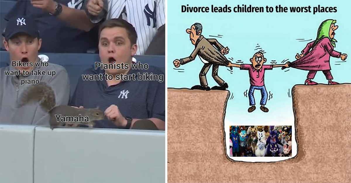 divorce leads children to the worst places  -  two guys reacting to a squirrel at a Yankees game