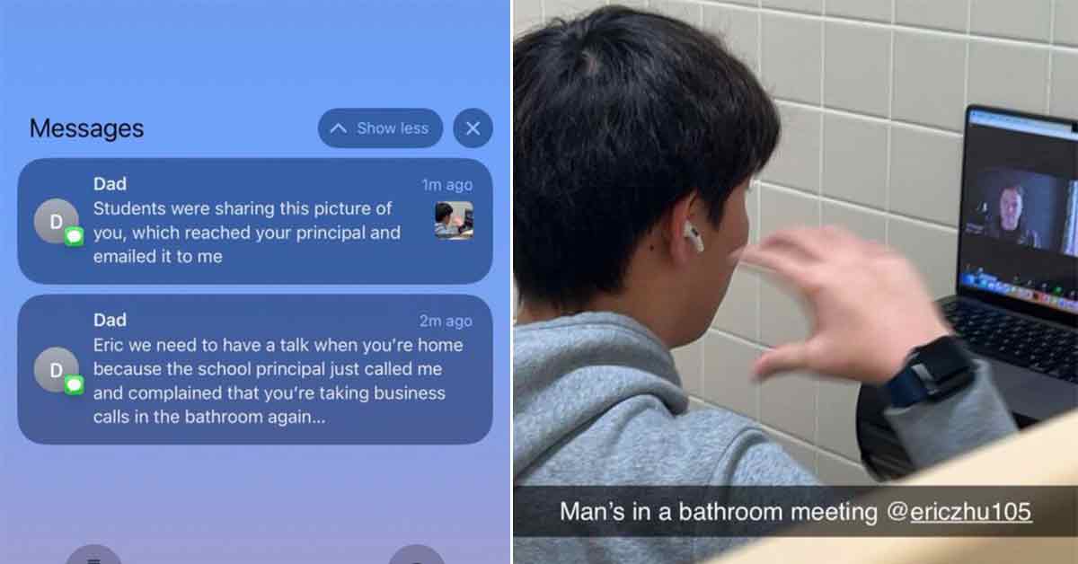 text from dad saying the principal called about his tech founder son using the school's bathroom as his personal office