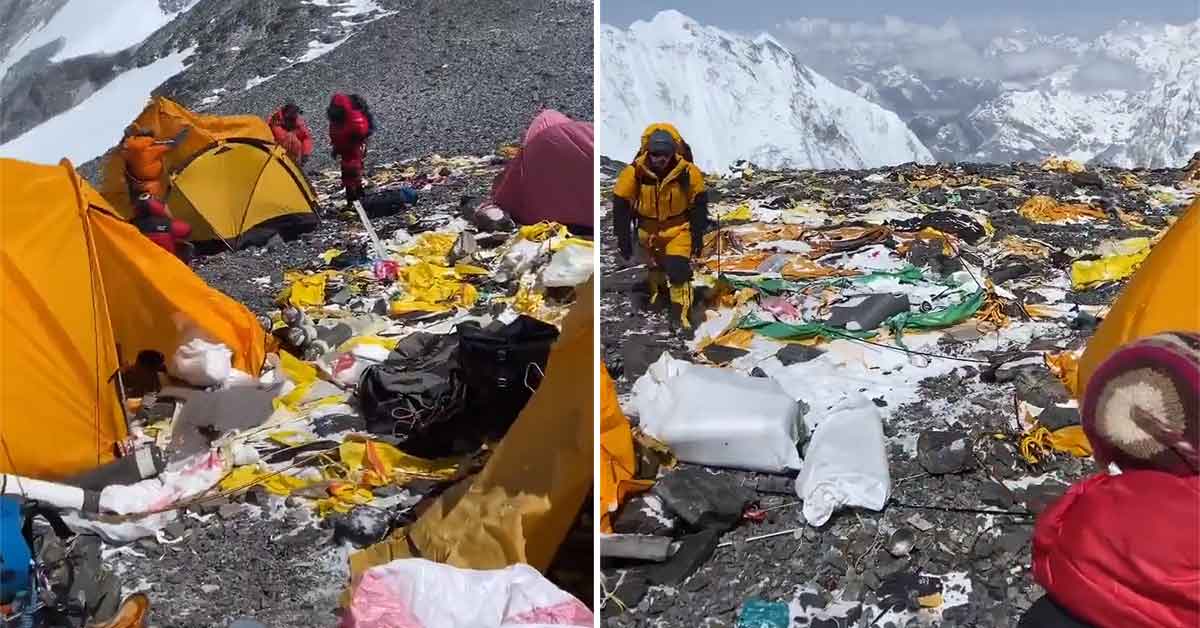 trash on the top of Mount Everest