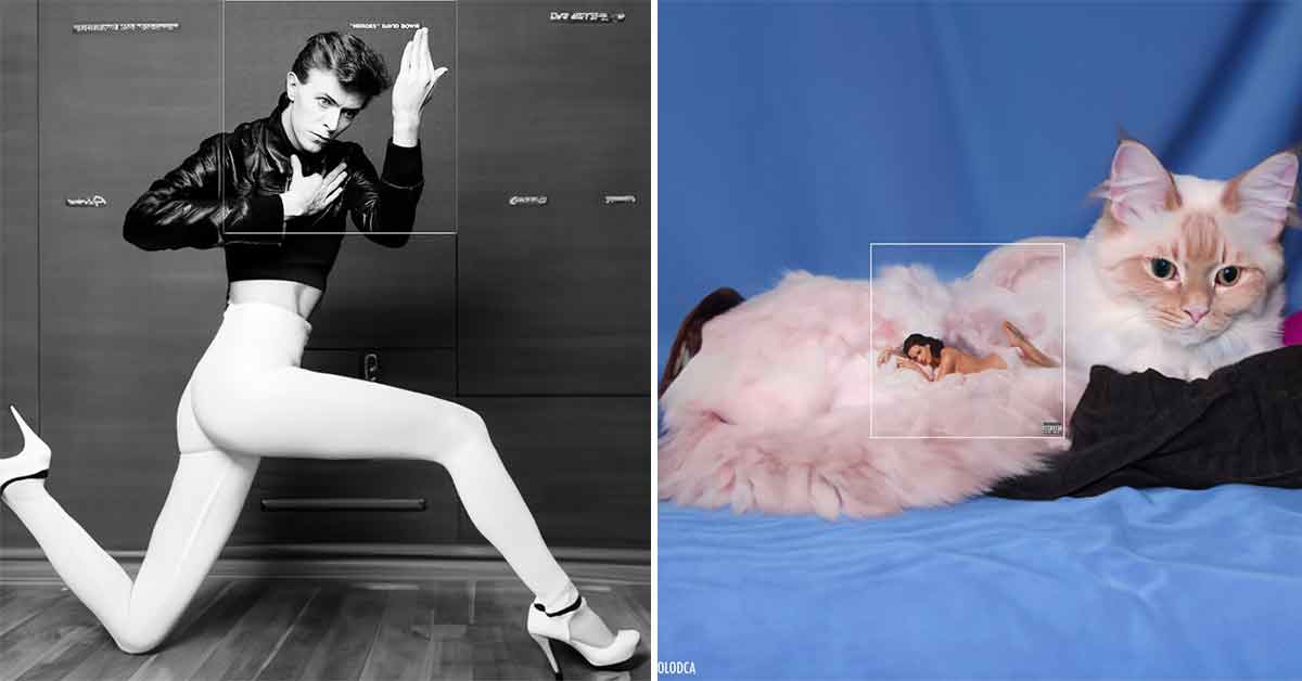 A.I. album covers -  Katy Perry laying on a pink cat -  David Bowie