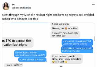 <p>After sleeping through a date, this woman went <a href="https://twitter.com/bossbratbimbo/status/1664989271101505538?s=46&t=0eVZ0nqXtO7Fgh5bYPpw6A">on Twitter</a> to 'roast' her date after he inform her that her snoozing cost him a $70 cancellation fee.&nbsp;</p><p><br></p><p>She was quick to claim she dodged a bullet, as she didn't like the way he was texting her, but according to the majority of the responses, people aren't sure who is worse, her or her date.&nbsp;</p>