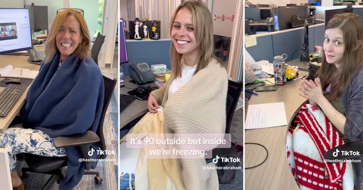 women wrapped in blankets in their offices