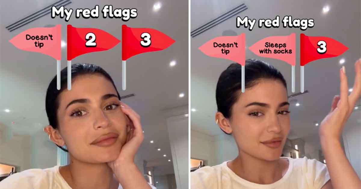 Kylie Jenner does the TikTok red flags trend and doesn't react to the not tipping flag