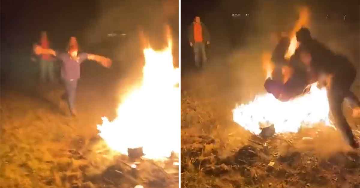 dude gets speared into a fire pit