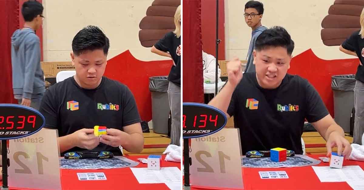 guy breaks the world record for fastest timer solving a Rubix cube