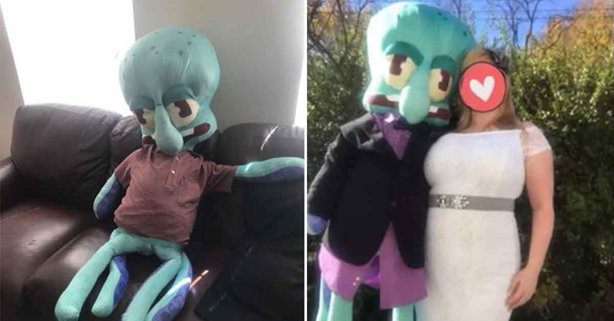 the woman who fell in love with her life0sized Squidward doll