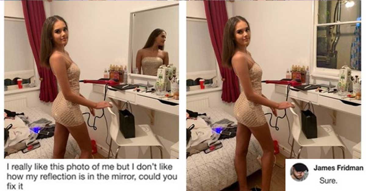 skinny brunette girl asking james fridman for photoshop help | james photoshop requests - .com> Keylah to me Hi James! Love your work James Fridman  I really this photo of me but I don't how my reflection is in the mirror, could you fix it Sure.