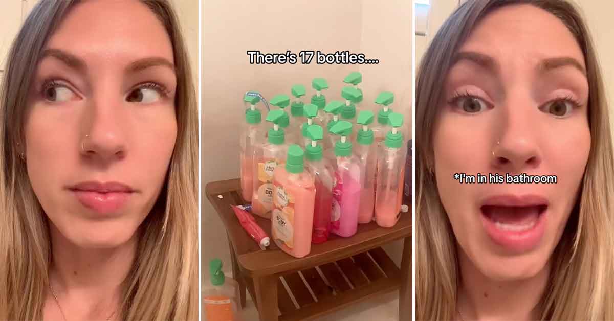 woman finds 17 bottles of body wash in a man's bathroom