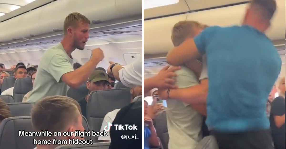 fight breaks out on airplane and man is tackled to the ground