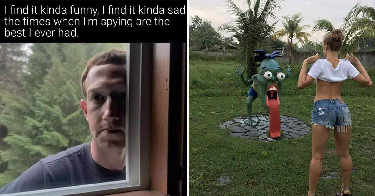 mark zuckerberg looking through someone's window -  woman flashing a statue