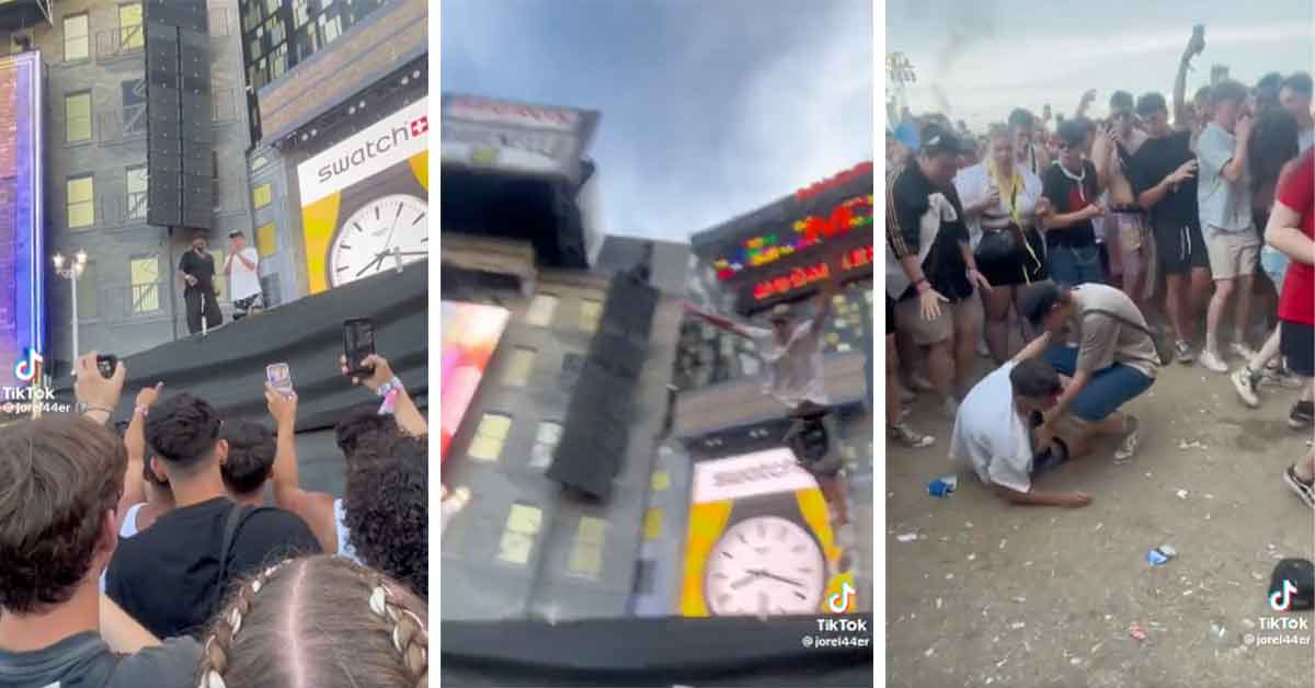 stage diver doesn't get caught by crowd and lands face first into the ground