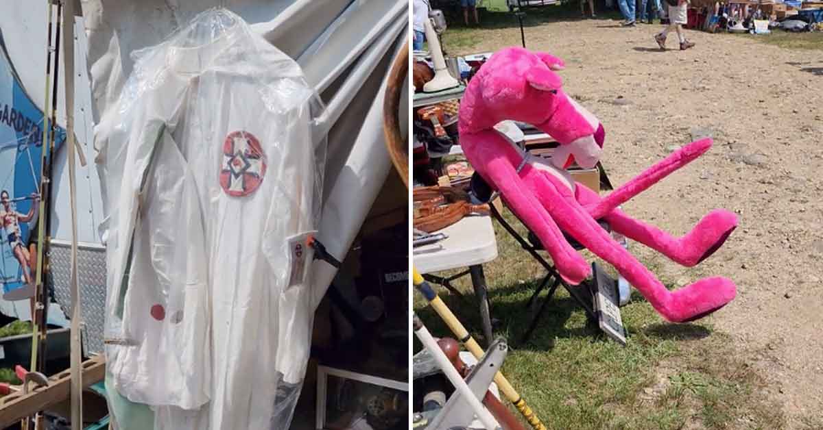 man finds a pink panther doll at a flea market