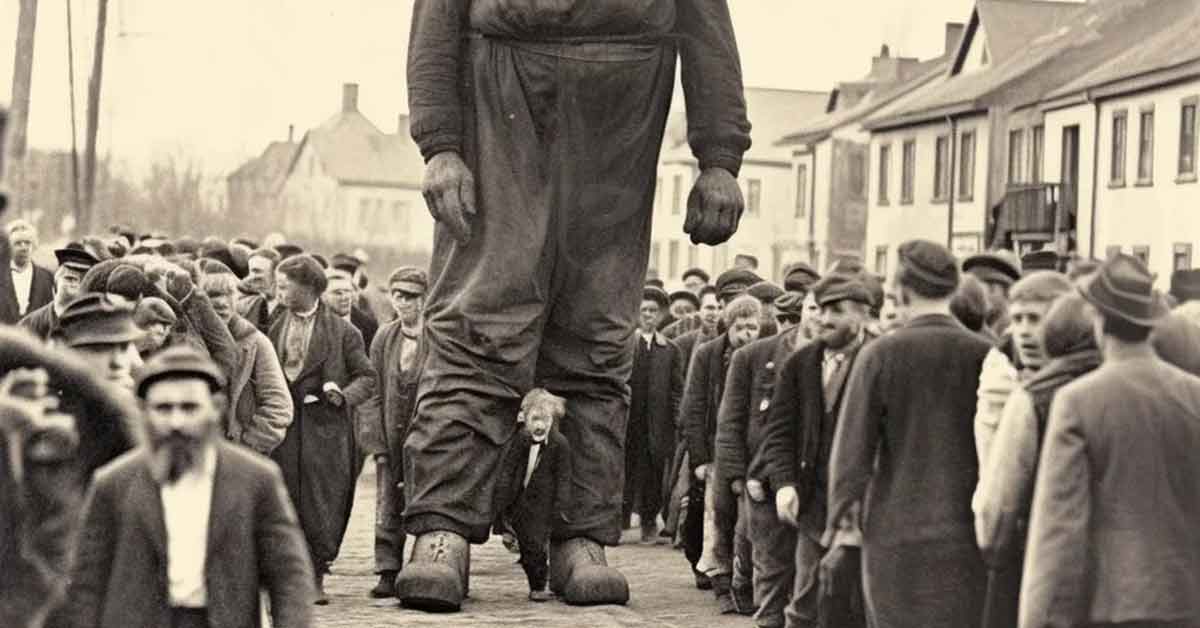 a giant walking through a town in England