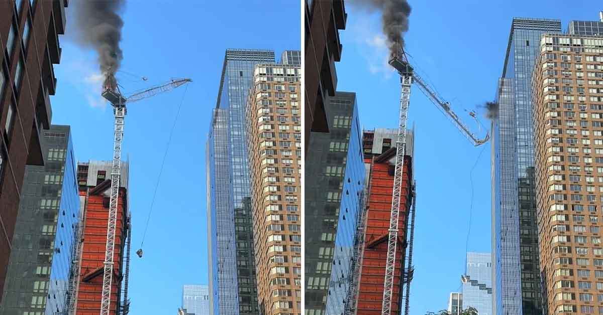 Construction Crane Catches Fire and Smashes Into Neighboring Building