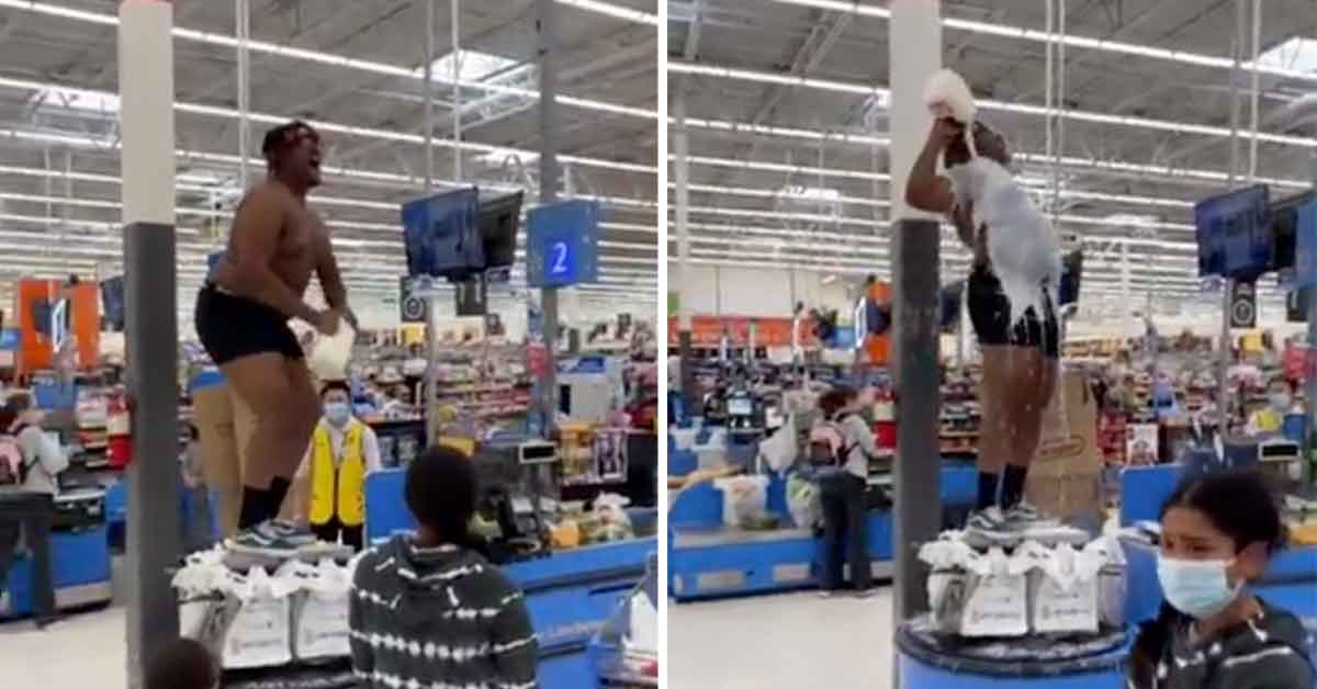 Psycho In His Underwear Dumps Gallon of Milk On Himself At Walmart Checkout Counter