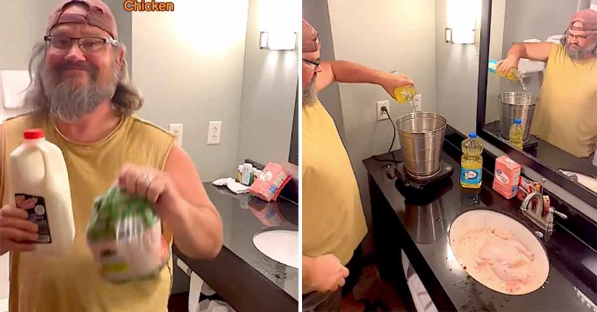 Somebody Please Stop This Man Making Fried Chicken in a Hotel Trash Can