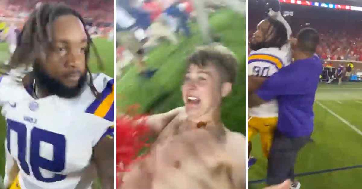 Ole Miss Fan Storming The Field After Win Gets Flattened By Upset Lsu Player Funny Article