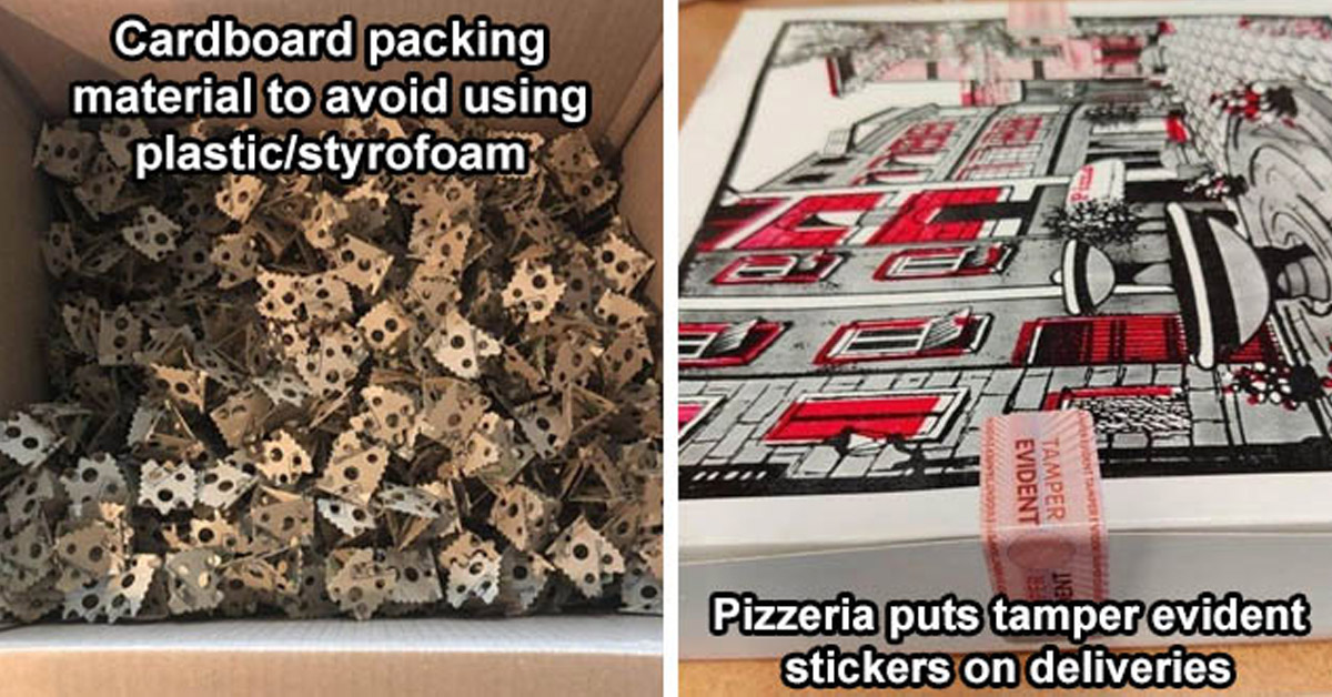 camouflage - Cardboard packing material to avoid using plastic/styrofoam | design - Pizzeria puts tamper evident stickers on deliveries