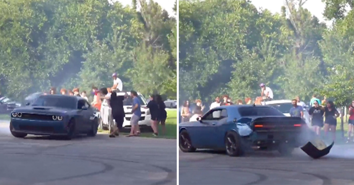 Challenger’s Bumper Ripped to Shreds After Side-Swiping Dude at a Sideshow