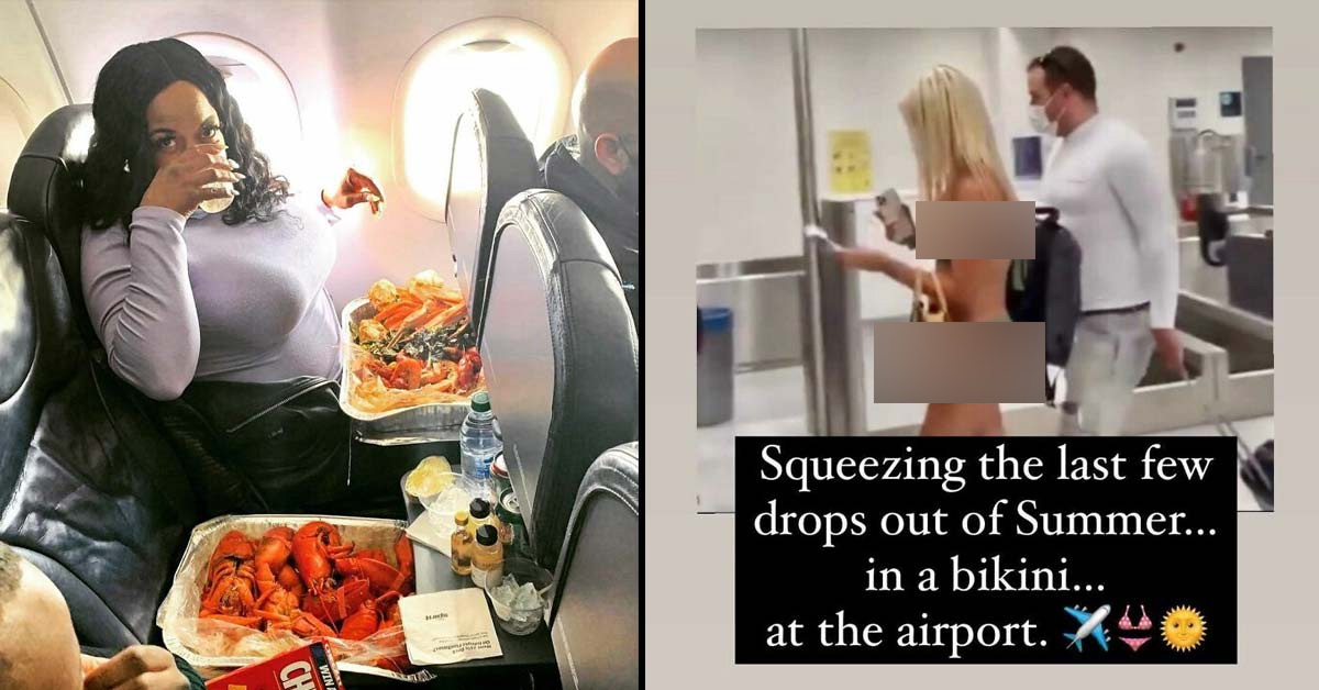 a woman on a plane eating crawfish and shrimp