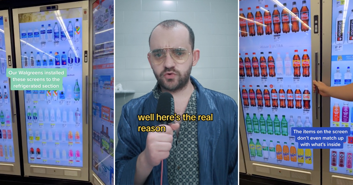 The Eerie Conspiracy Behind Those New Weird Screens Covering Drugstore Drink Fridges