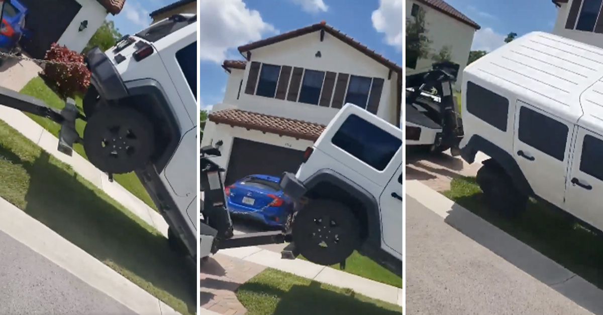 Woman in Jeep Refuses to Be Towed, Crashes It Off the Back of a Tow Truck Instead